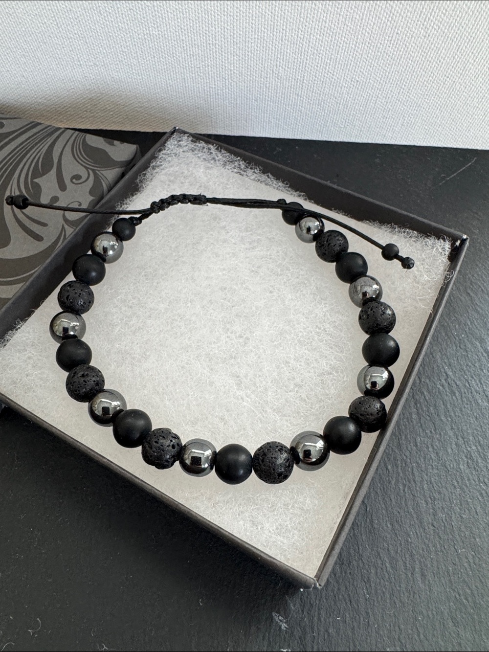 Black Matte Onyx Beaded Mens Bracelet with Lava Stones and Hematite